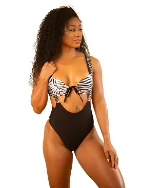 Black Bodysuit With Zebra Suspenders-Tie Front Bra Rave Outfit