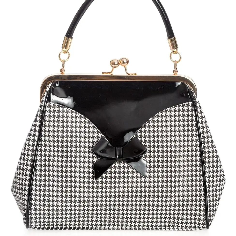 Black Vintage Houndstooth Check Retro Patent Handbag