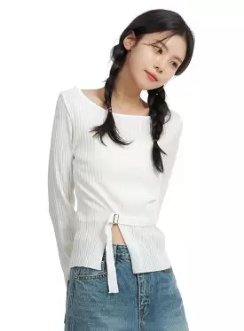 Boat Neck Buckle Knit Top OF414