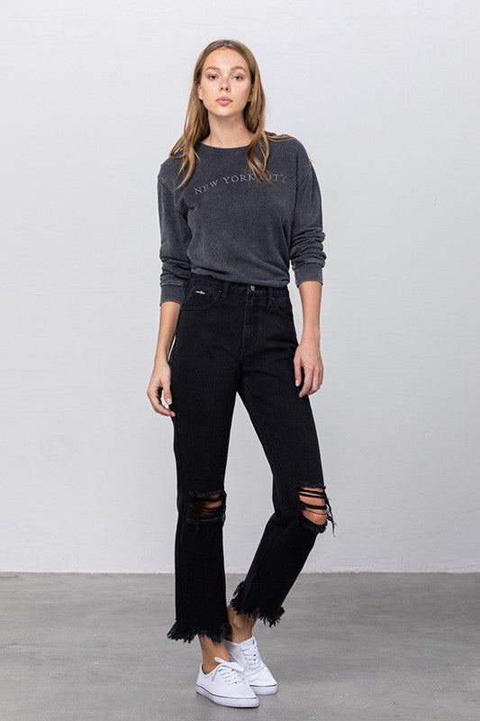 Brooklyn High Waist Frayed Hem Straight Jeans