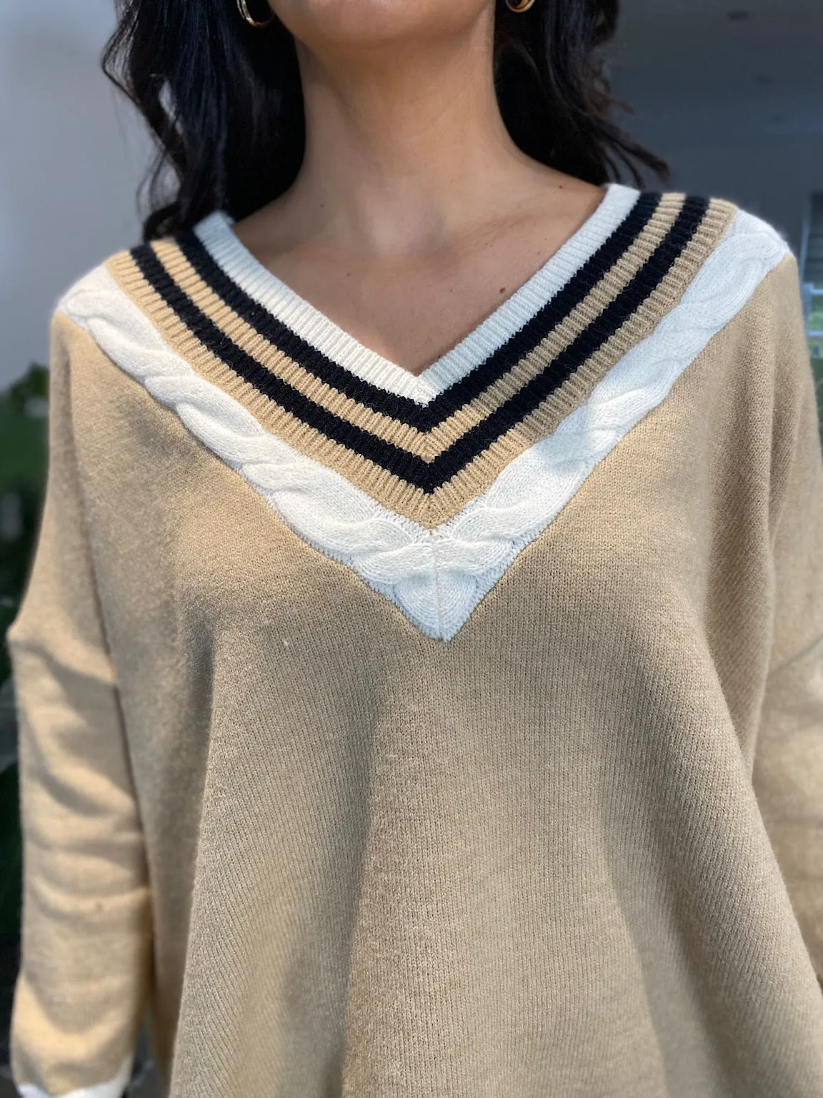 Camel Striped V Neck Knit Debbie