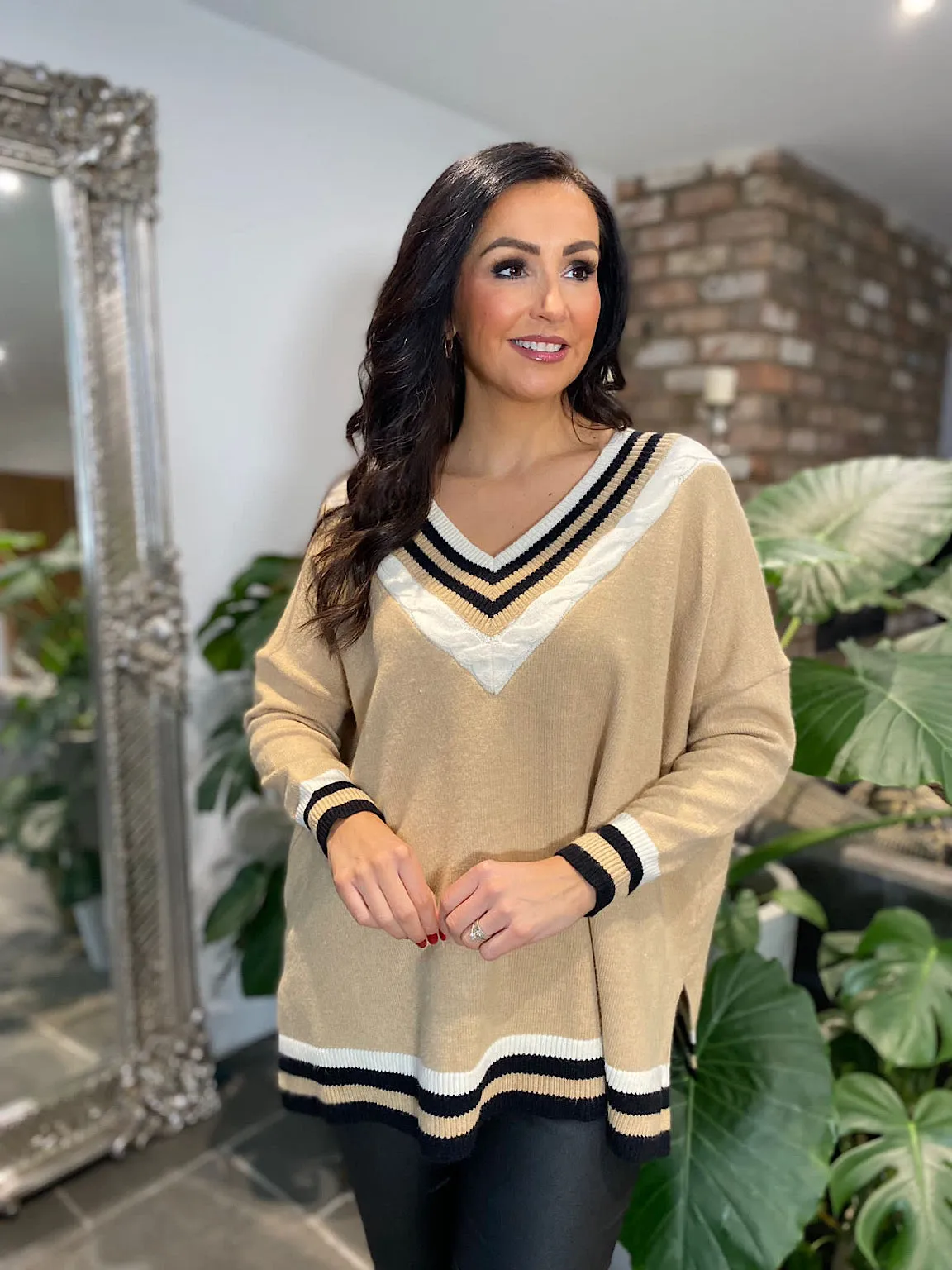 Camel Striped V Neck Knit Debbie