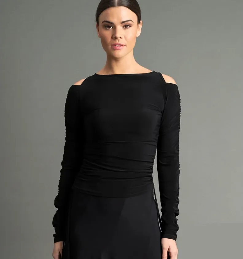 Chrisanne Clover Olivia Black Cold Shoulder Practice Top with Rouching, Adjustable Ties, and Keyhole Back PRA 1051 in Stock