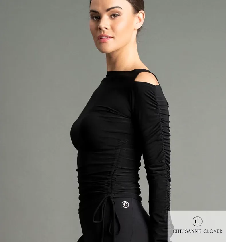 Chrisanne Clover Olivia Black Cold Shoulder Practice Top with Rouching, Adjustable Ties, and Keyhole Back PRA 1051 in Stock