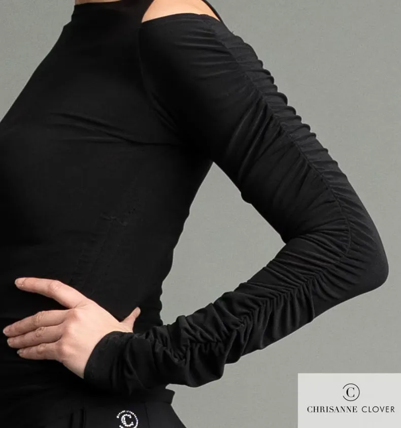 Chrisanne Clover Olivia Black Cold Shoulder Practice Top with Rouching, Adjustable Ties, and Keyhole Back PRA 1051 in Stock