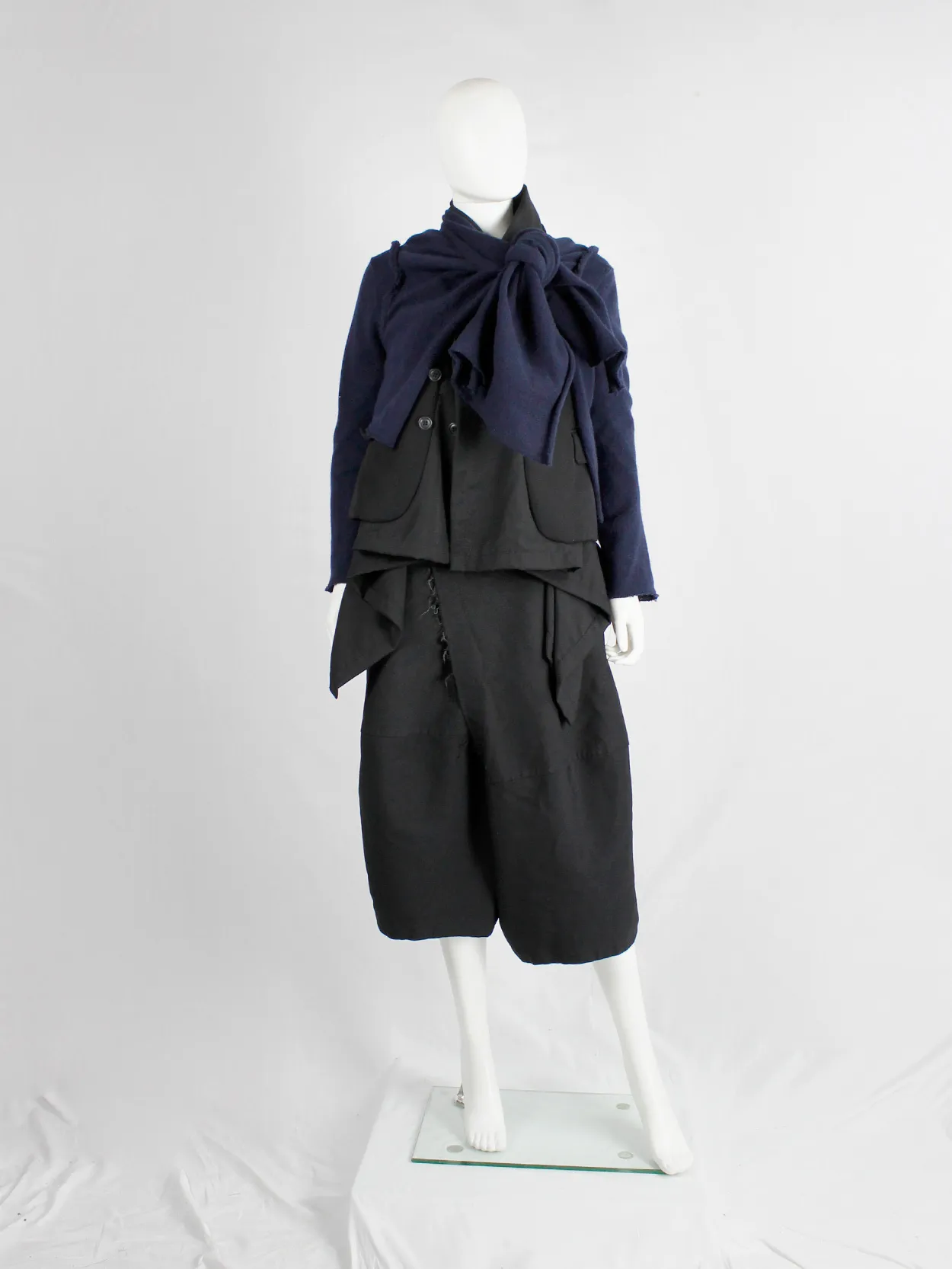 Comme des Garçons dark blue knit bolero with tied knot front closure — fall 2003