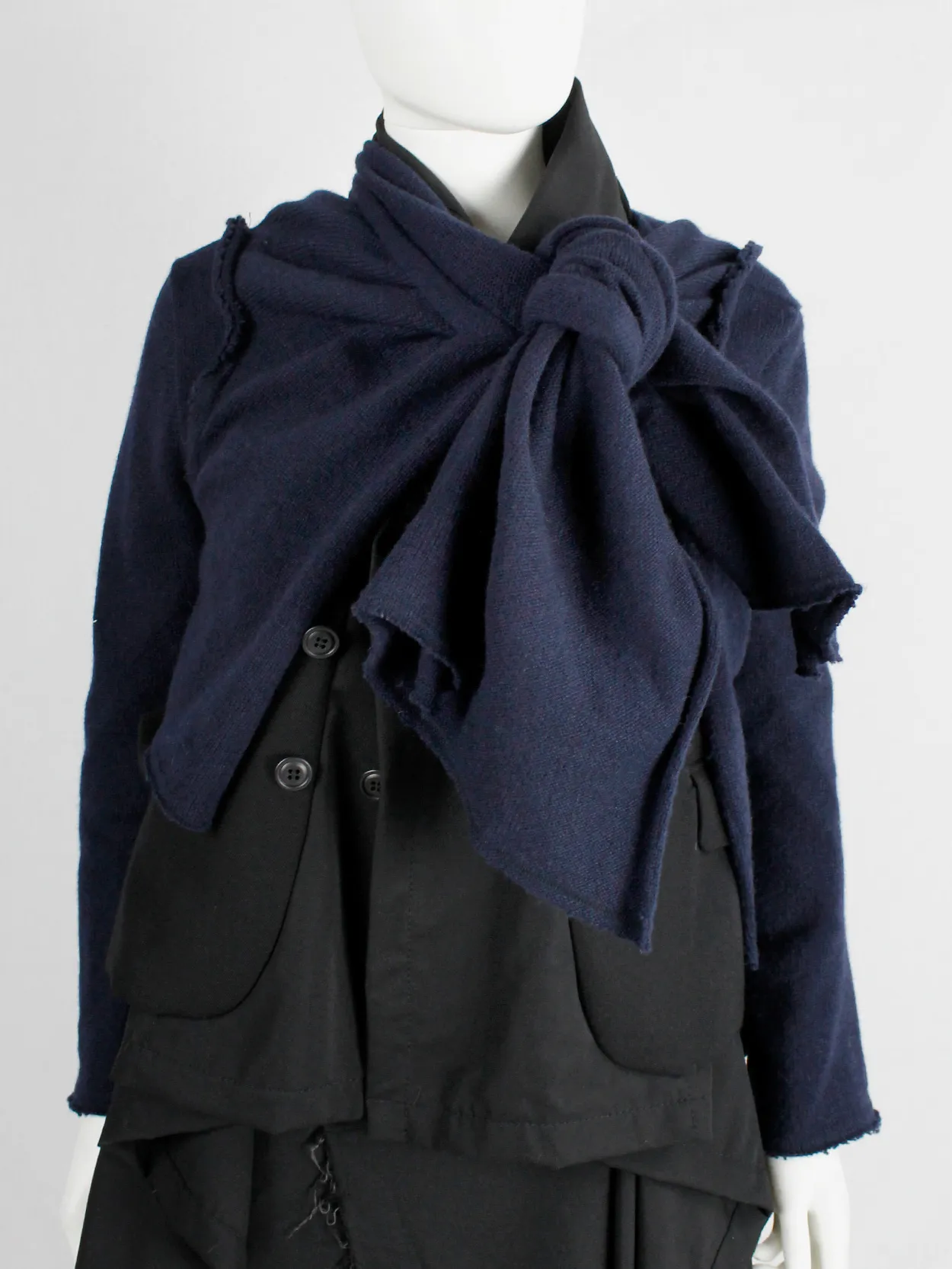 Comme des Garçons dark blue knit bolero with tied knot front closure — fall 2003