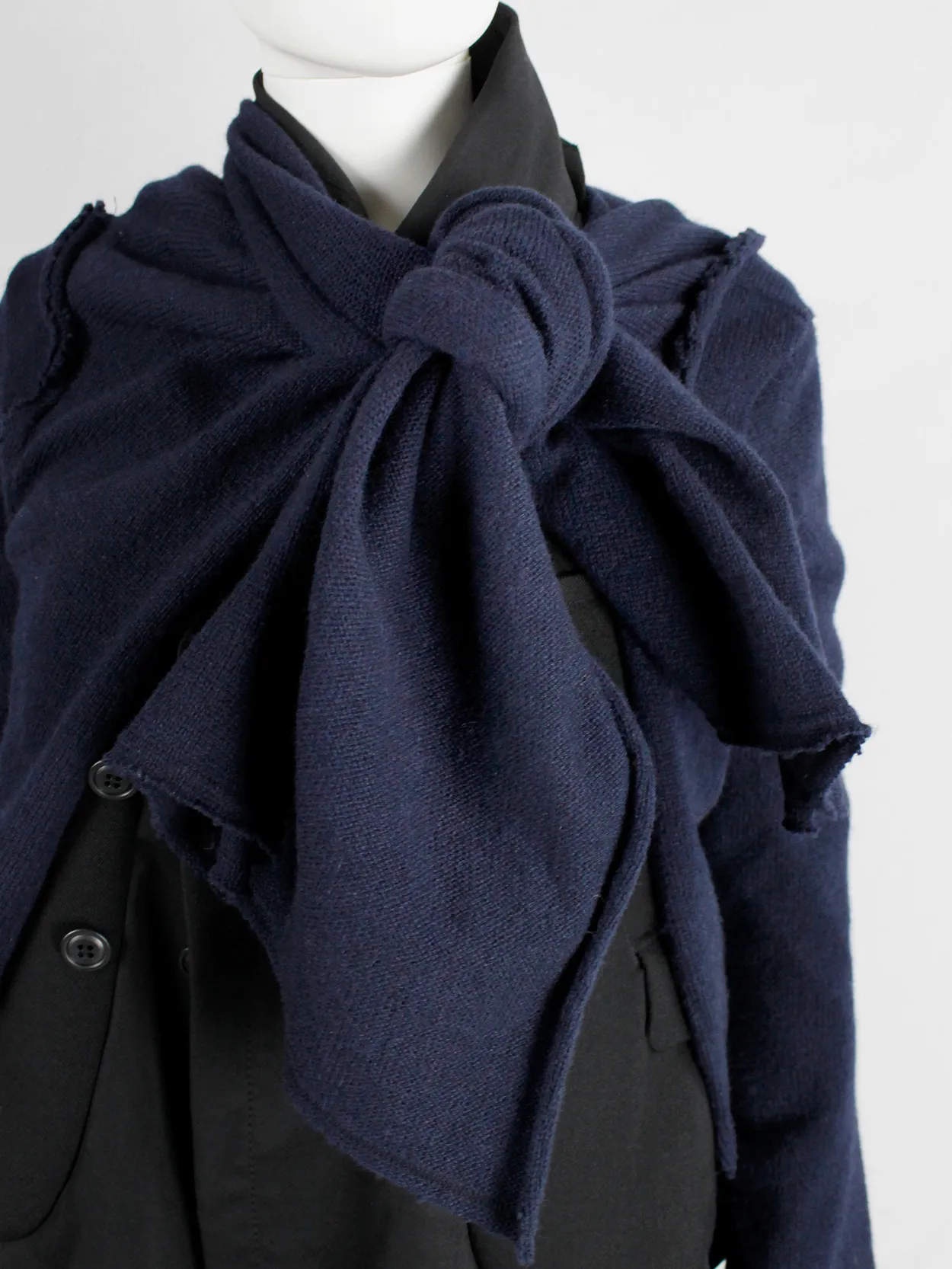 Comme des Garçons dark blue knit bolero with tied knot front closure — fall 2003