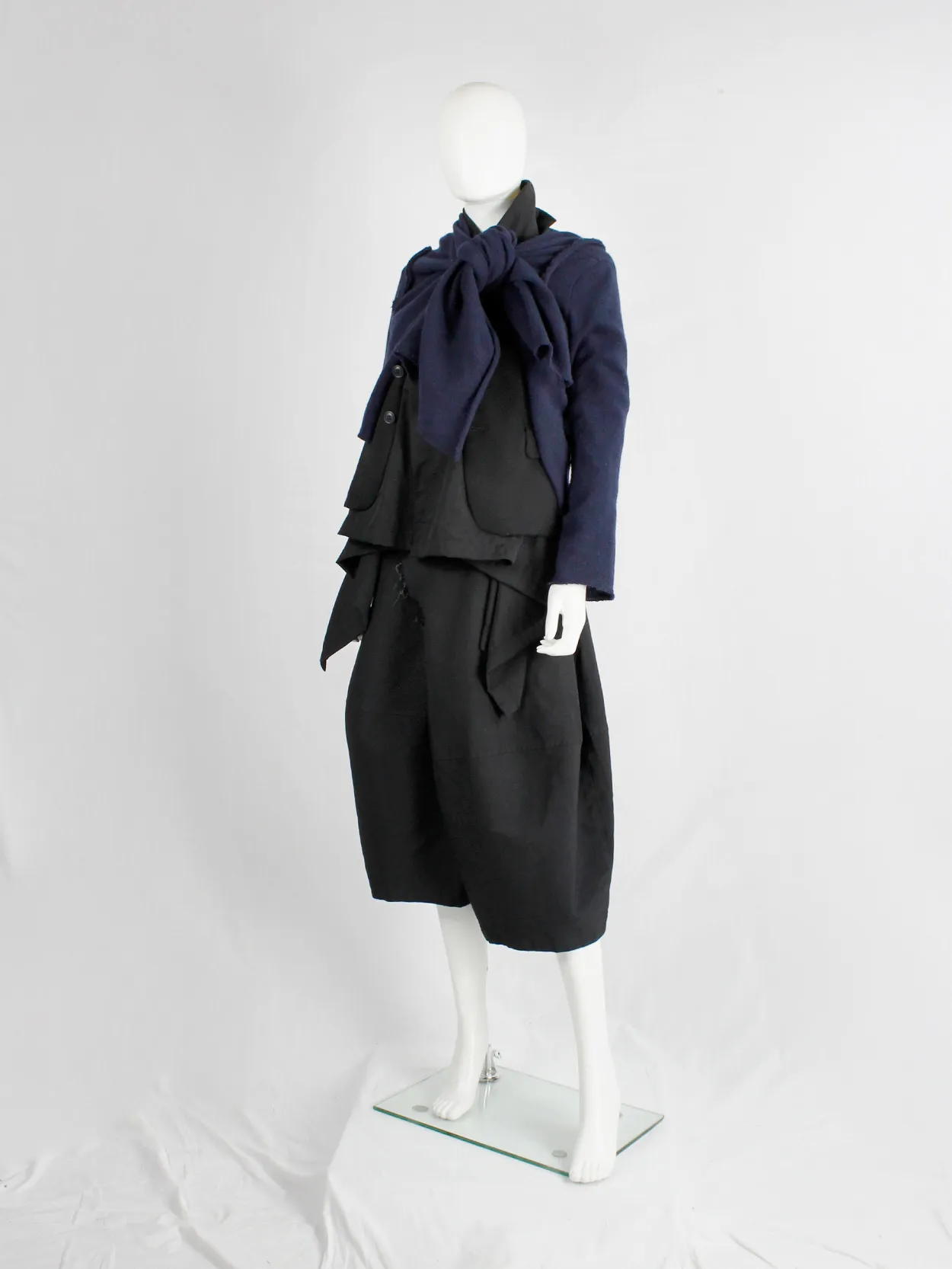 Comme des Garçons dark blue knit bolero with tied knot front closure — fall 2003