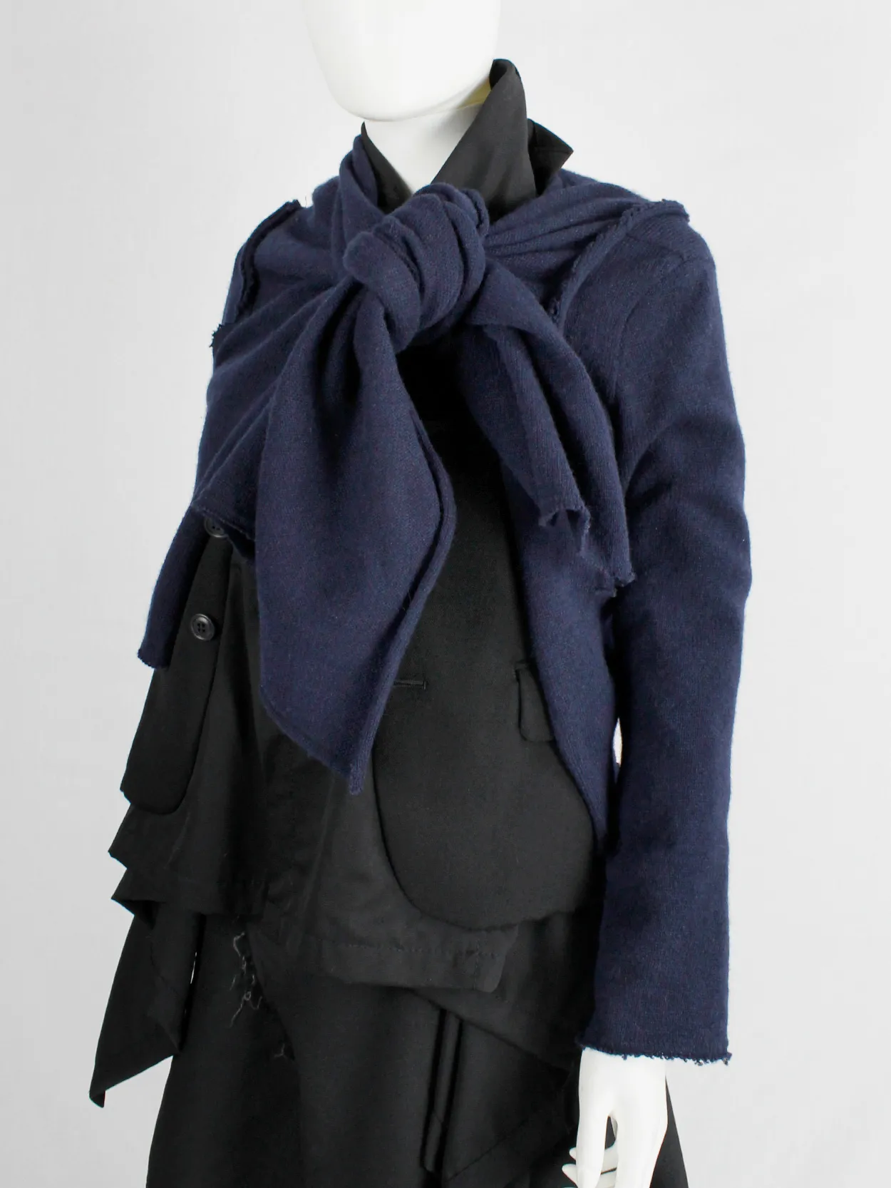 Comme des Garçons dark blue knit bolero with tied knot front closure — fall 2003