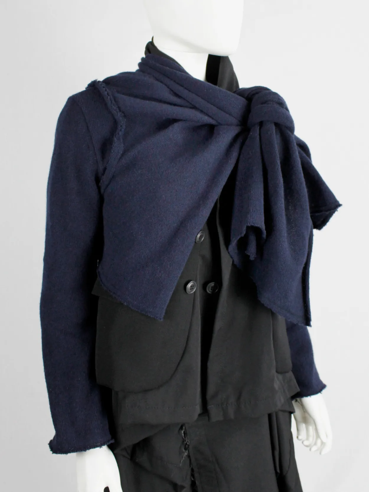 Comme des Garçons dark blue knit bolero with tied knot front closure — fall 2003