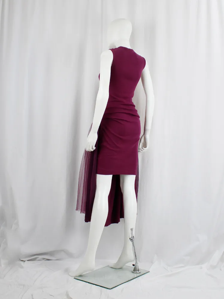 Comme des Garçons purple dress with triple layered skirt attached to the front — spring 1999