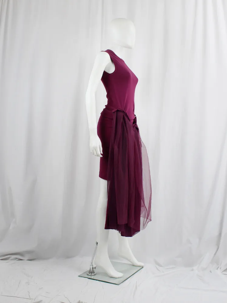 Comme des Garçons purple dress with triple layered skirt attached to the front — spring 1999