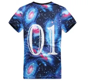 Cosmic Galaxy Print T shirt with 01 on back Stars Circle Front