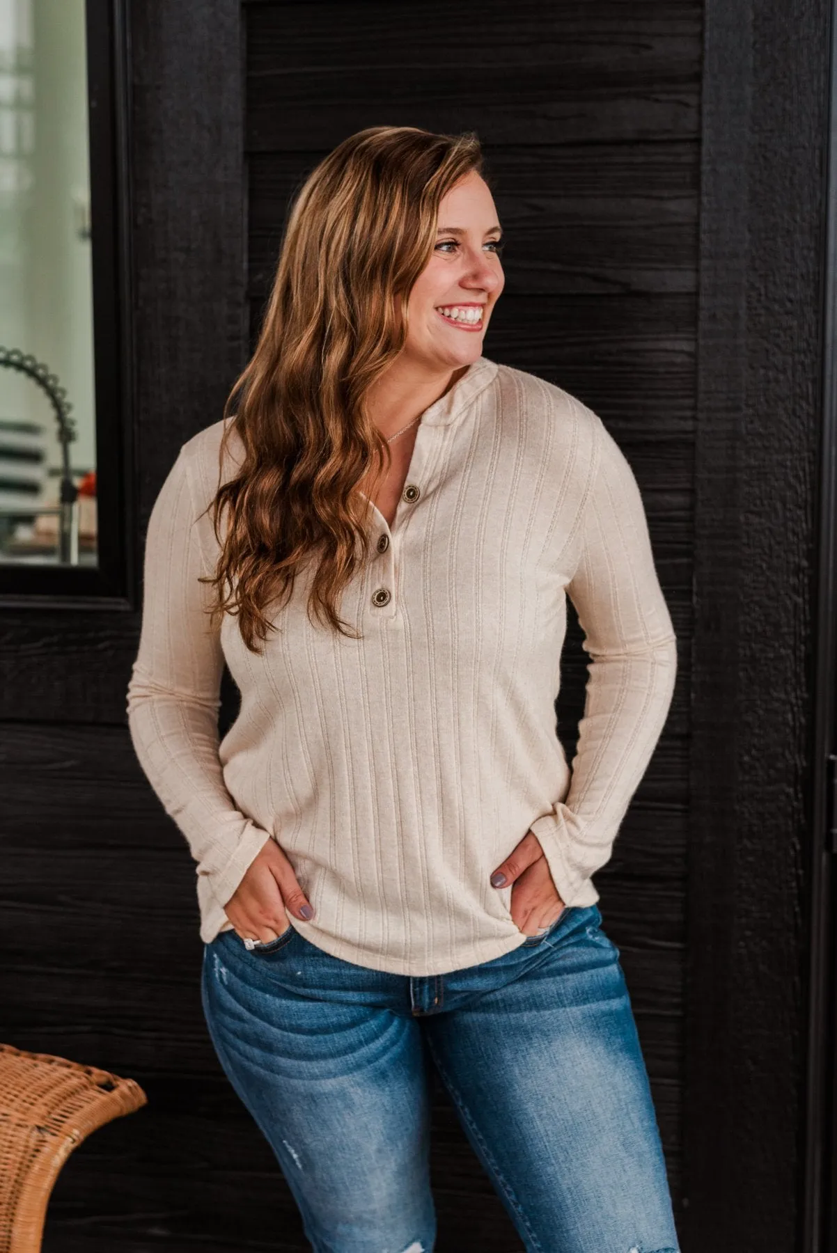 Cozy Up Close Button Henley Top- Cream