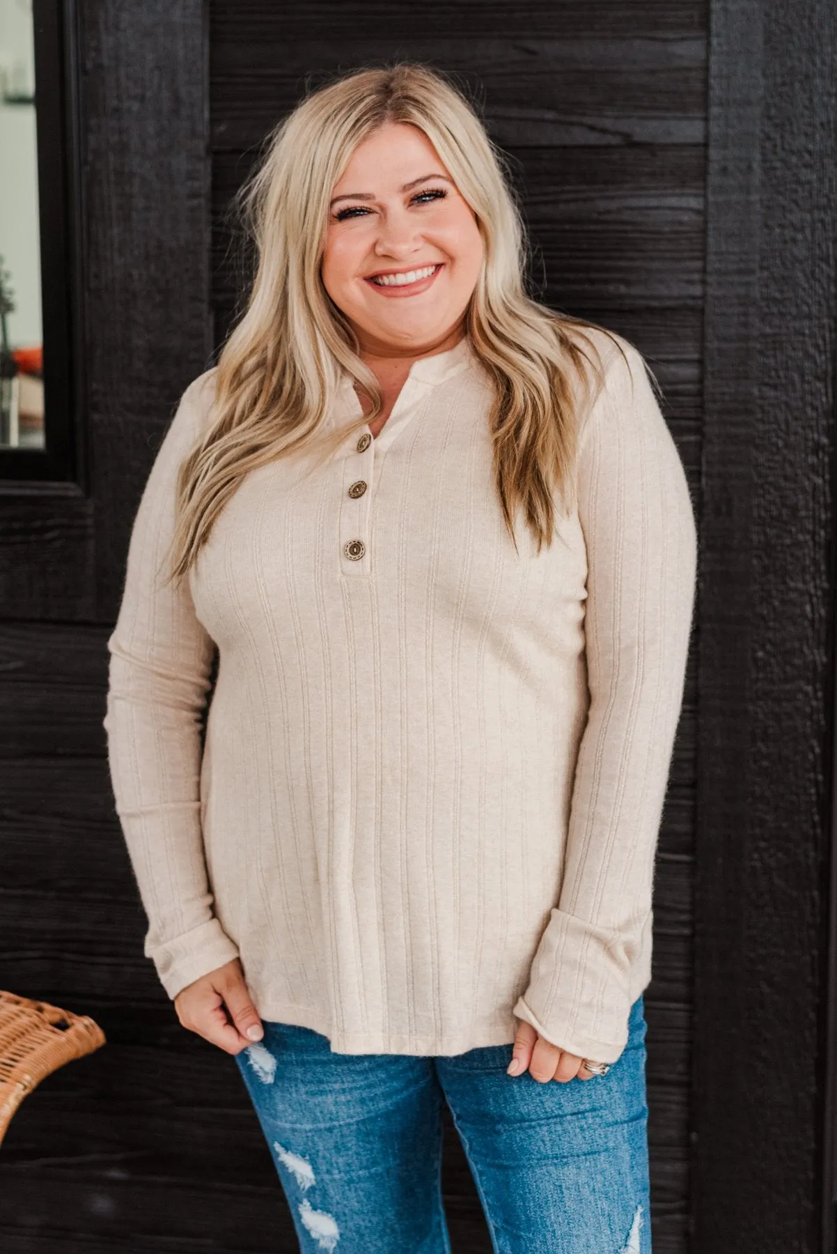 Cozy Up Close Button Henley Top- Cream