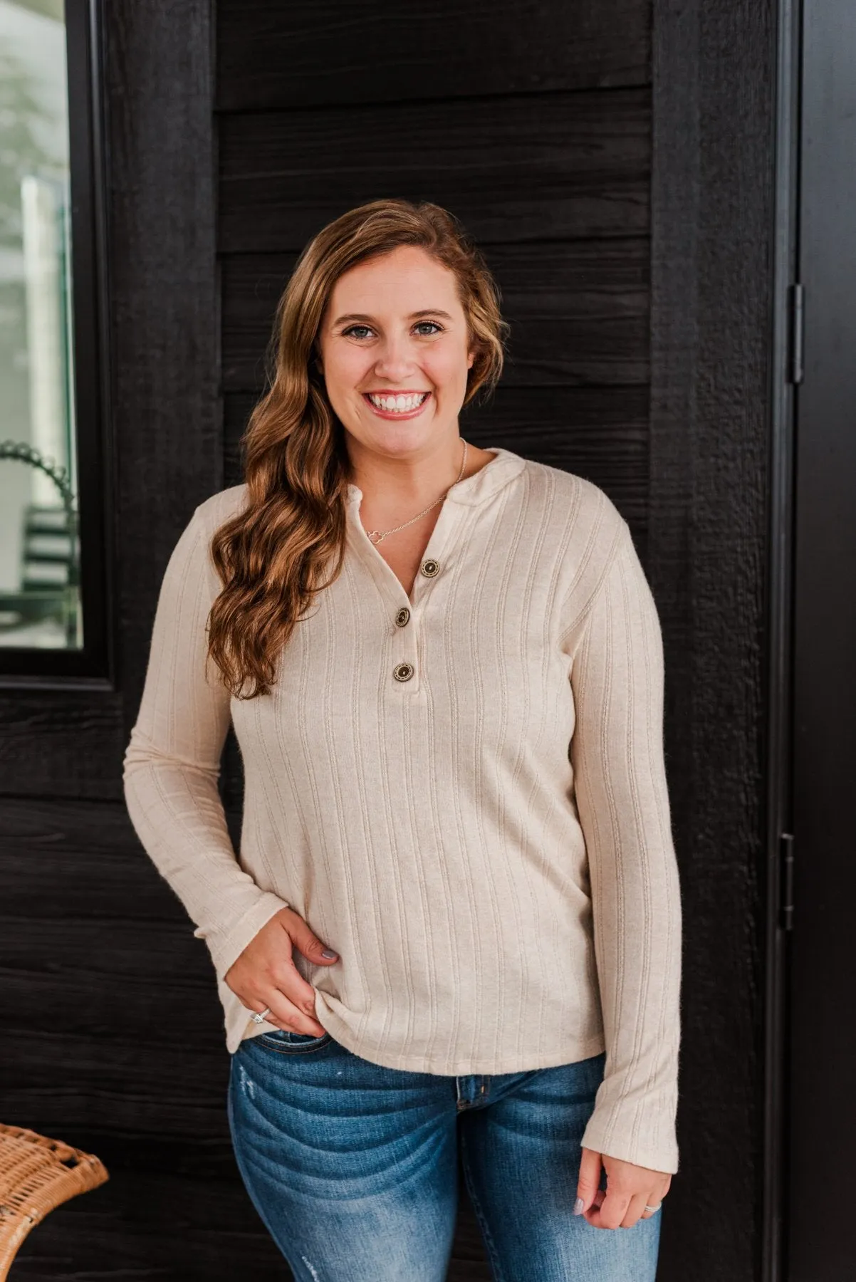 Cozy Up Close Button Henley Top- Cream