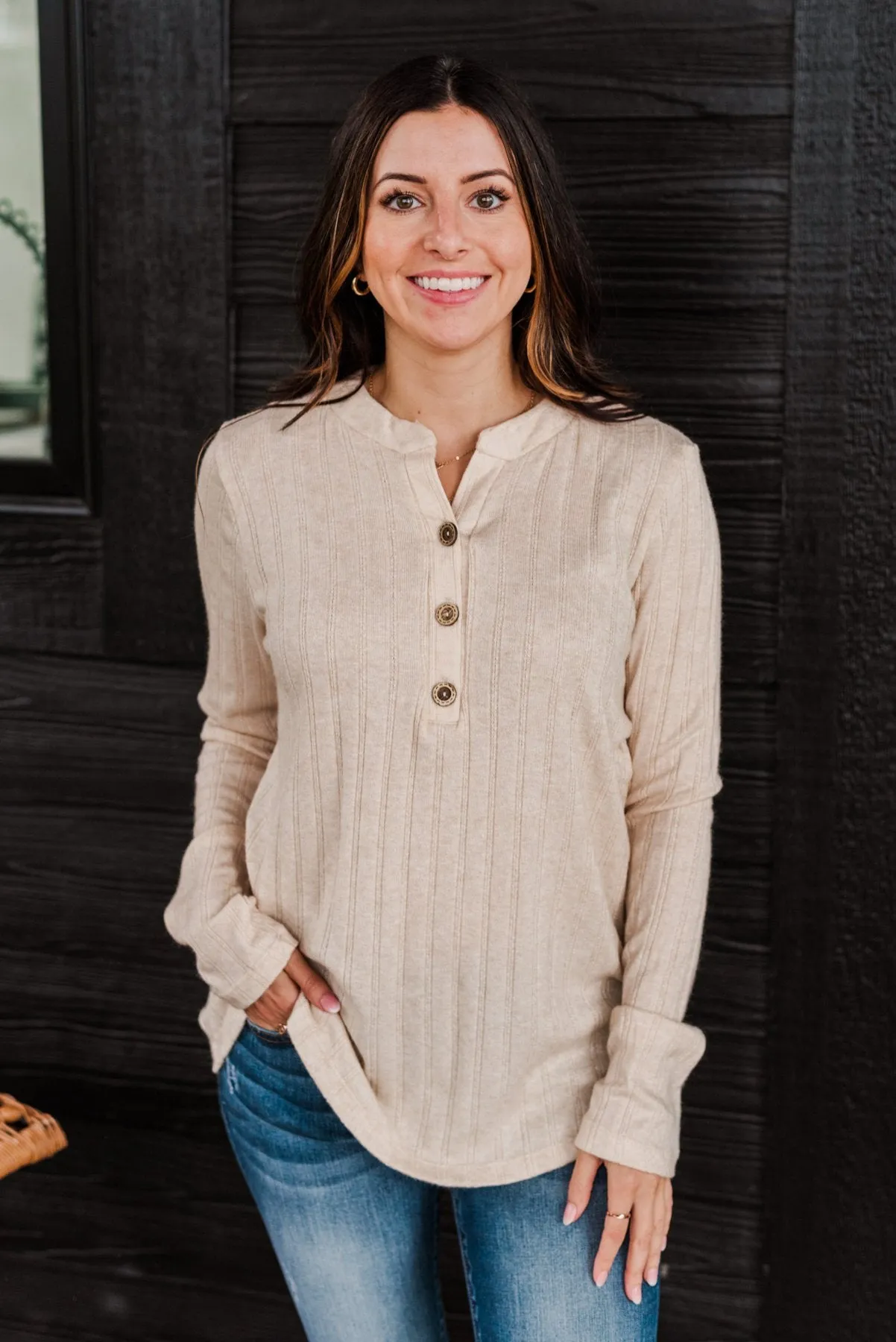 Cozy Up Close Button Henley Top- Cream