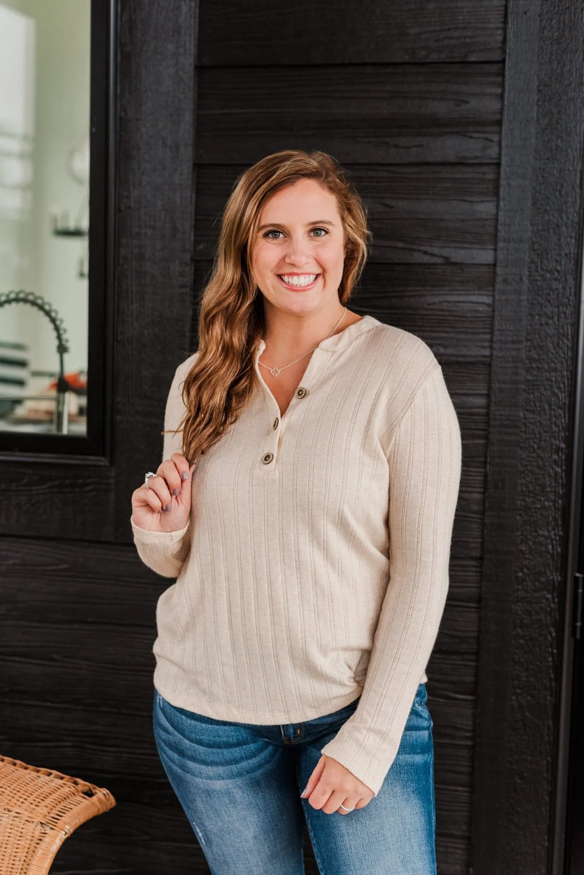 Cozy Up Close Button Henley Top- Cream