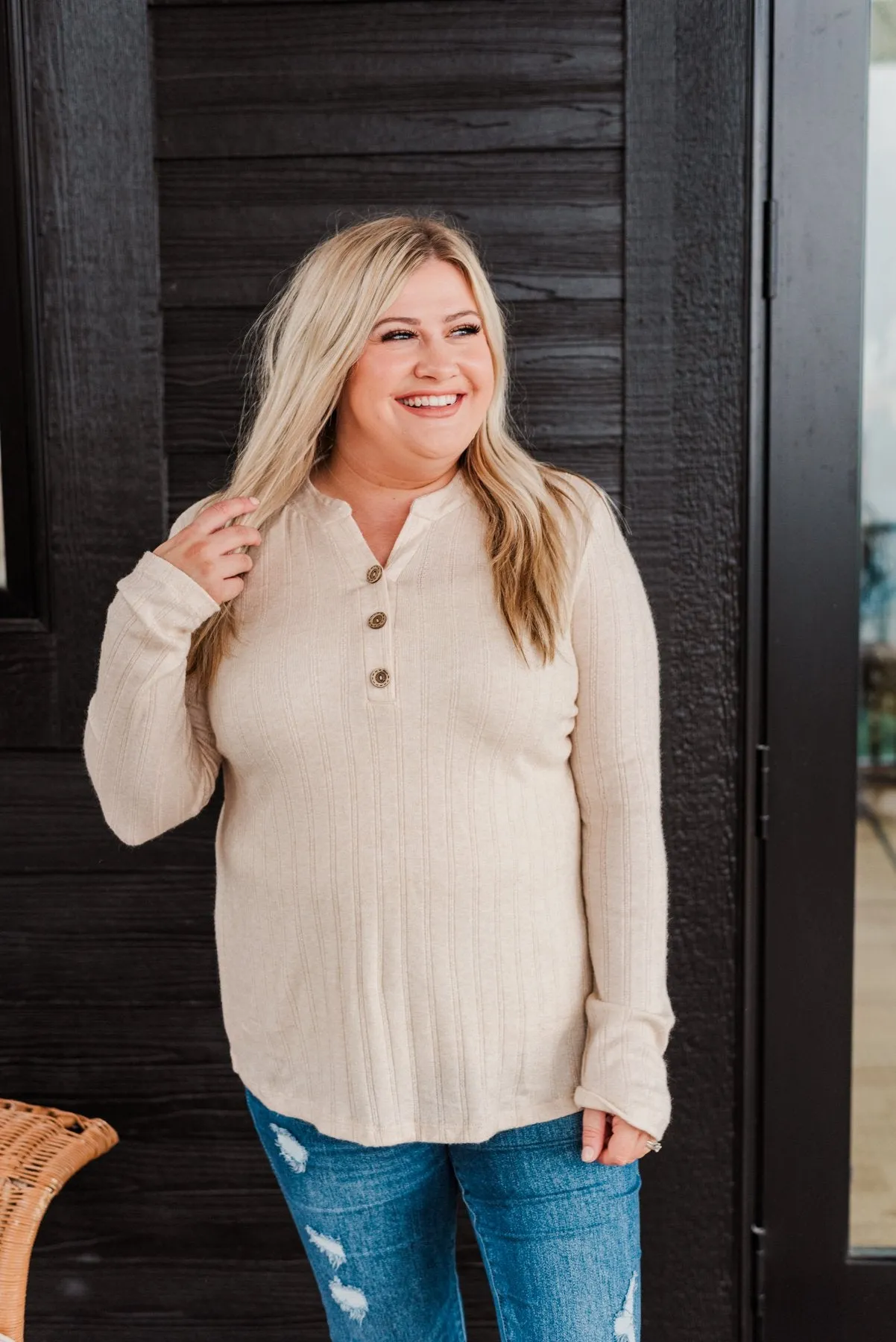 Cozy Up Close Button Henley Top- Cream