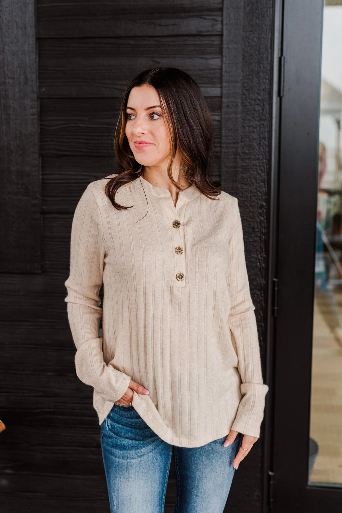 Cozy Up Close Button Henley Top- Cream