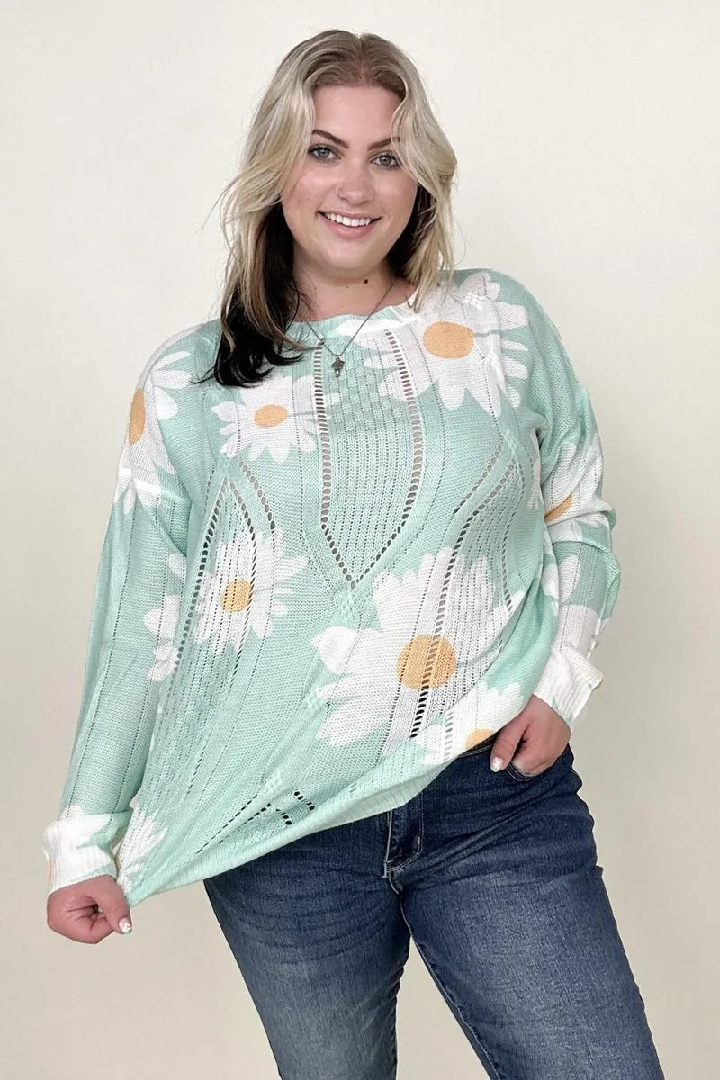 Daisy Print Crew Neck Loose Knit Top