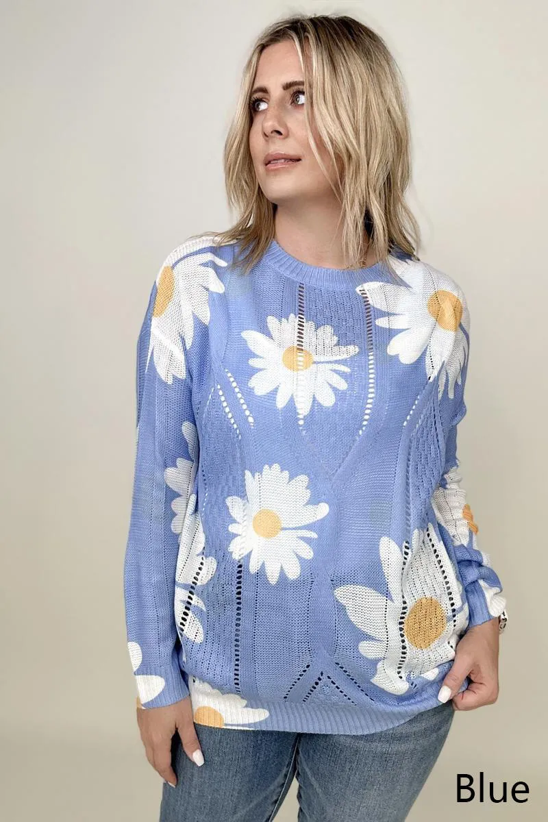 Daisy Print Crew Neck Loose Knit Top