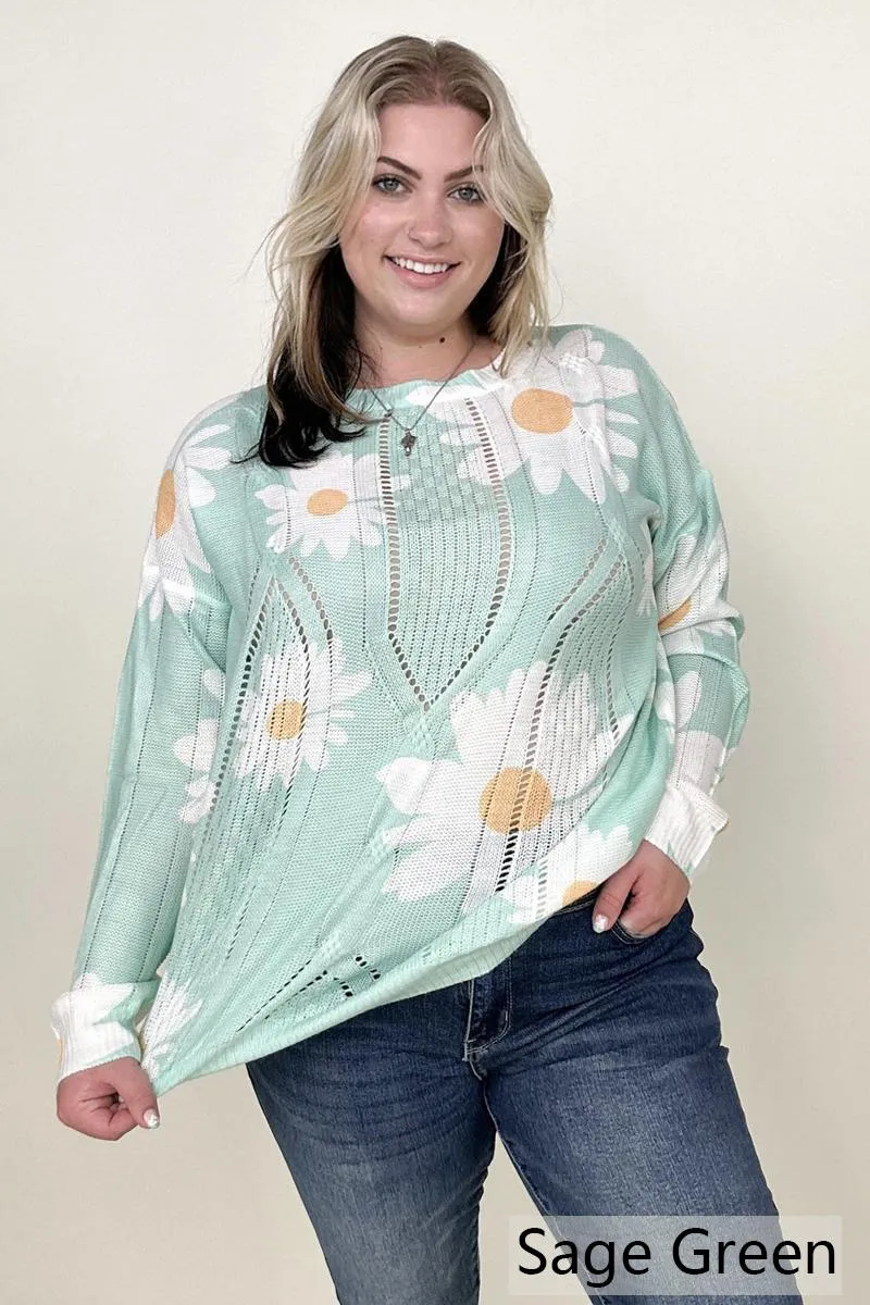 Daisy Print Crew Neck Loose Knit Top