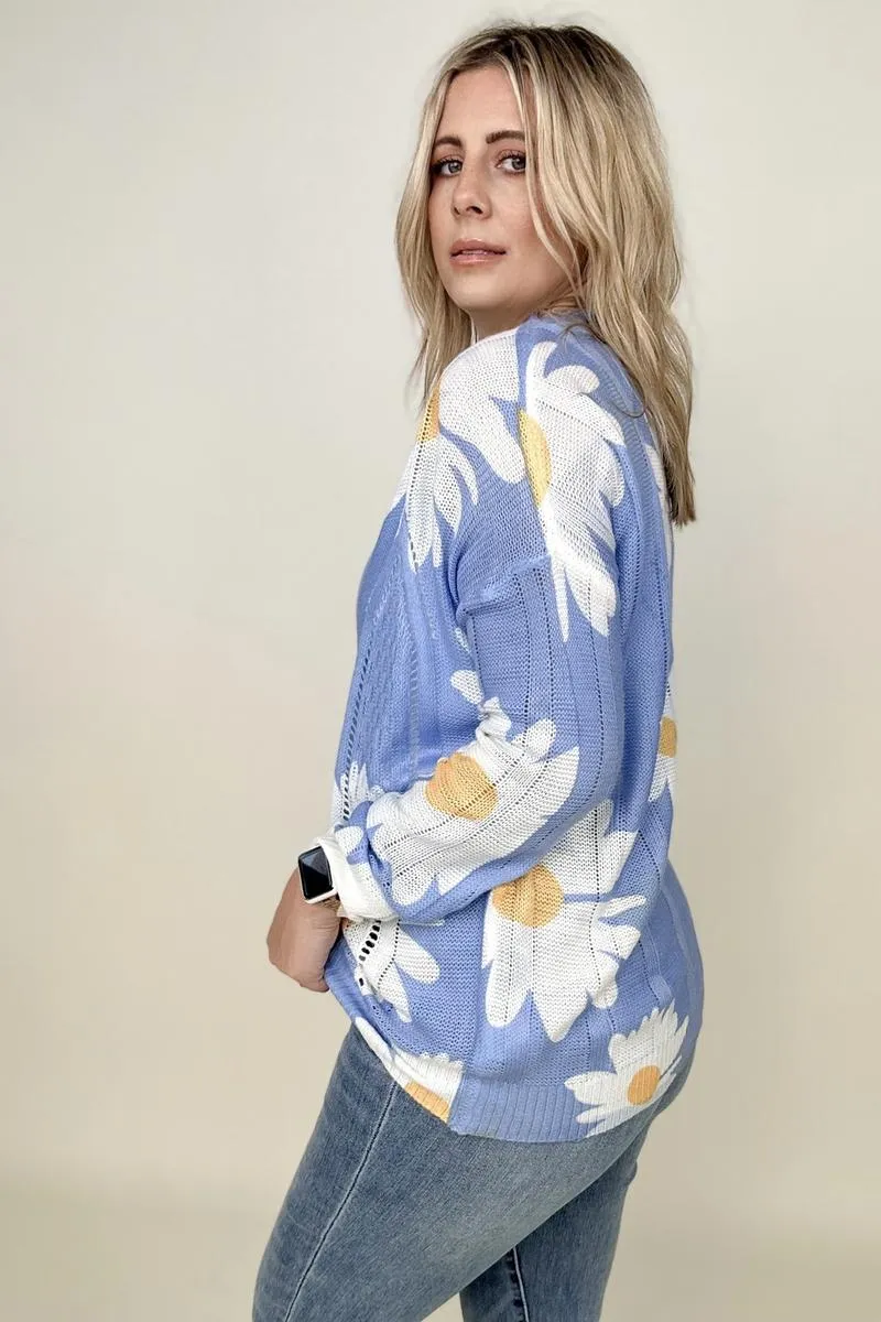 Daisy Print Crew Neck Loose Knit Top