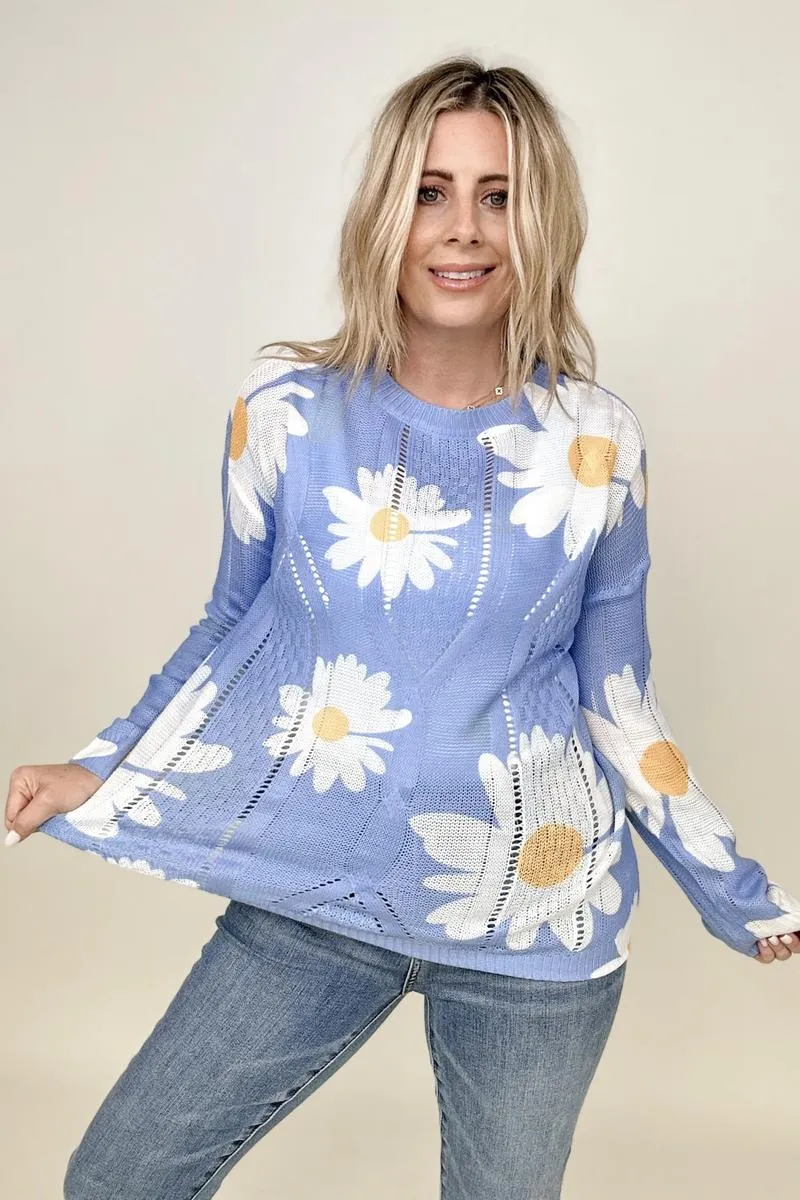 Daisy Print Crew Neck Loose Knit Top