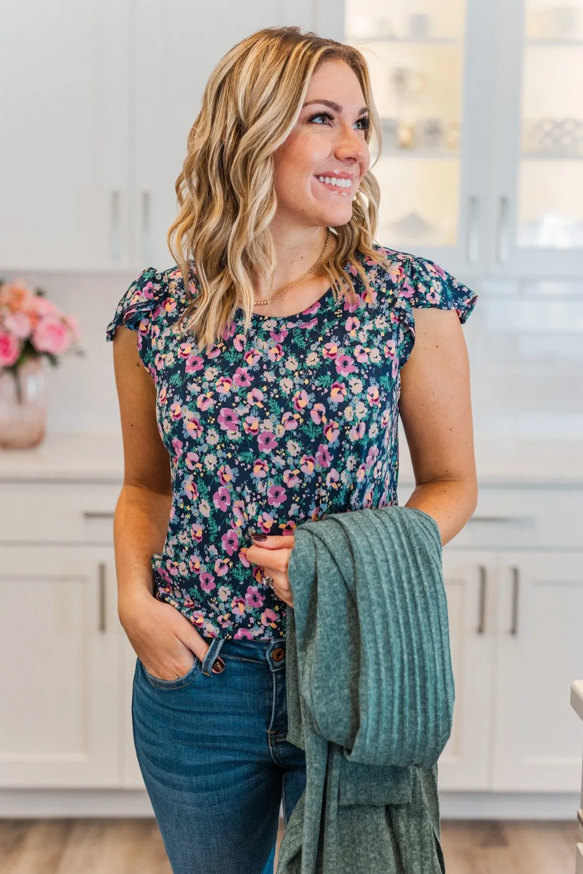 Dance Through The Petals Floral Top- Navy