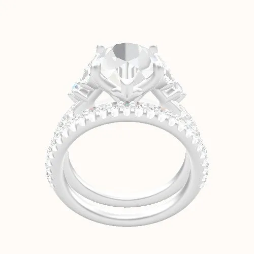 Diamond Band with Marquise & Round Diamond Sidestones Engagement Ring With Petal Four Prong Head and Matching Band