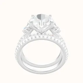 Diamond Band with Marquise & Round Diamond Sidestones Engagement Ring With Petal Four Prong Head and Matching Band