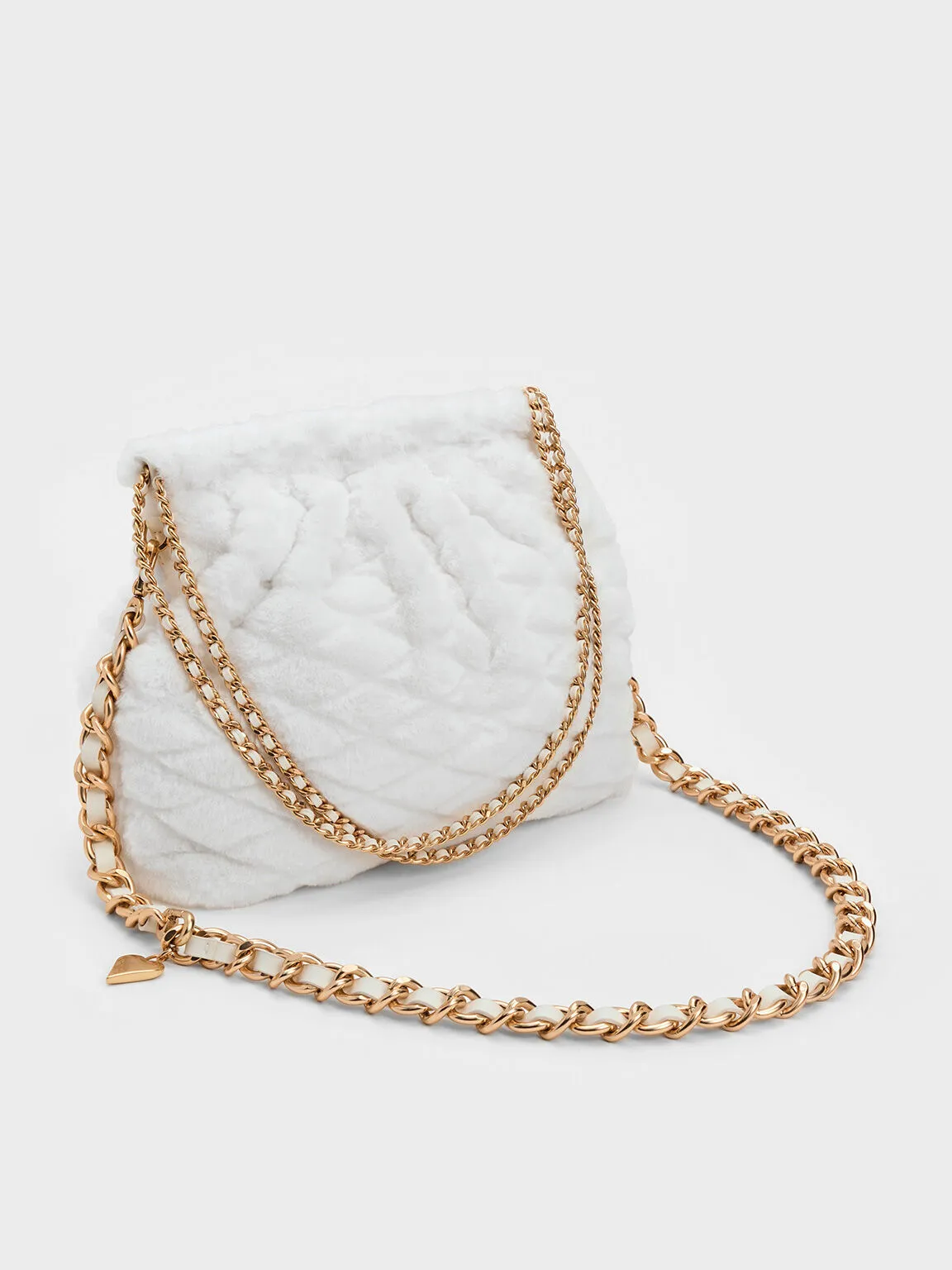 Duo Furry Chain-Handle Hobo Bag - White