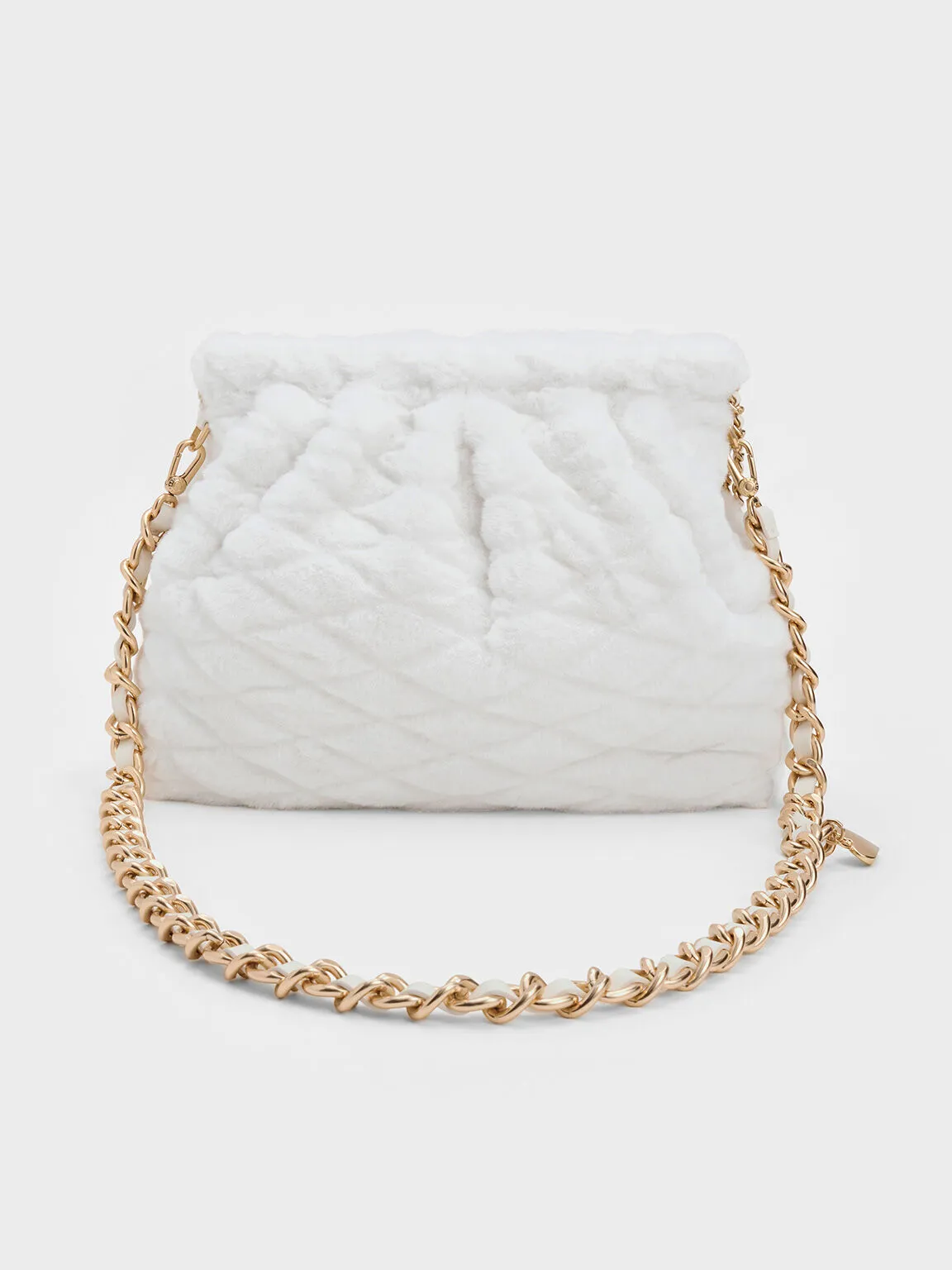 Duo Furry Chain-Handle Hobo Bag - White