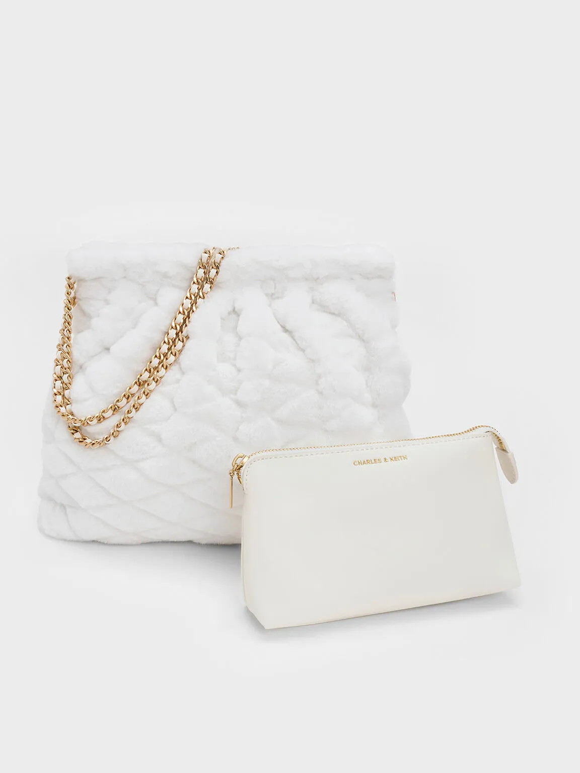 Duo Furry Chain-Handle Hobo Bag - White