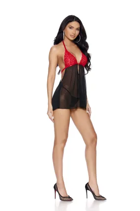 Elegant Moments Mesh And Lace Halter Heck Babydoll With Keyhole Front, Rhinestone Accent And Back Clip Closure, Marching G-strin