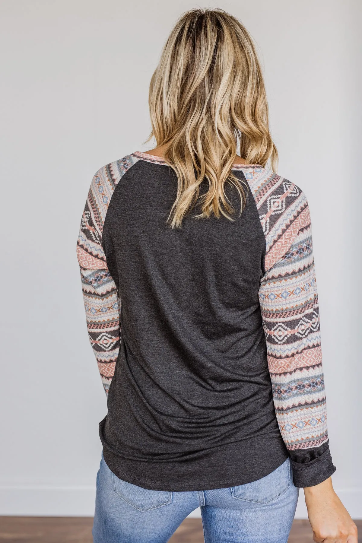 Fearless Looks Aztec Print Top- Charcoal