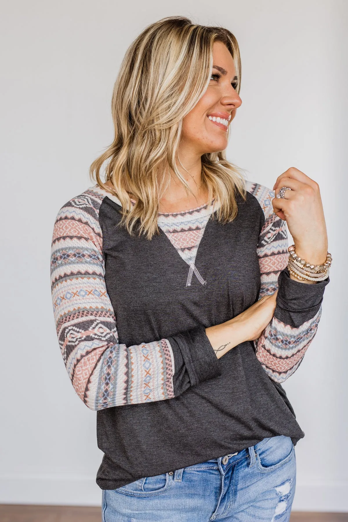 Fearless Looks Aztec Print Top- Charcoal