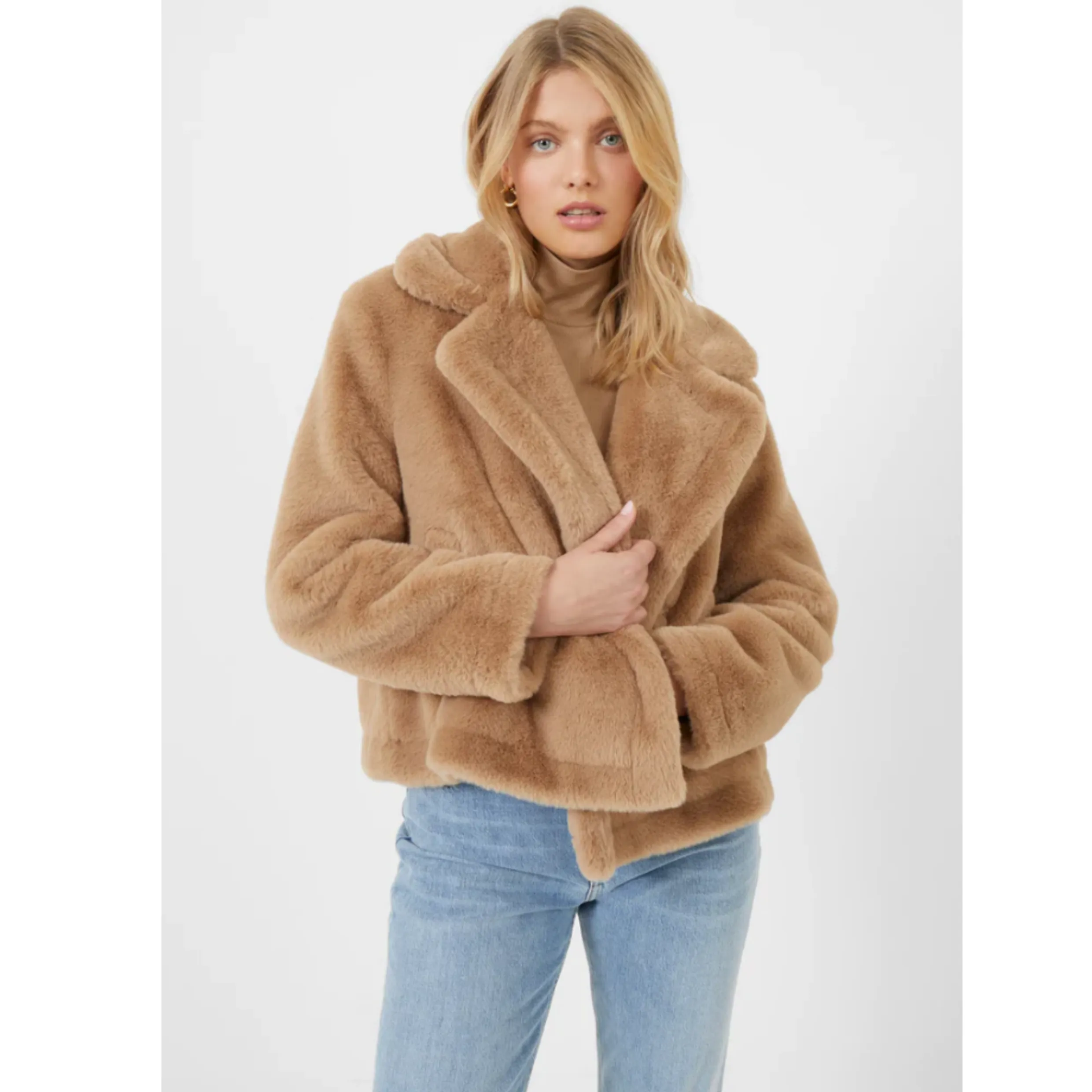 French Connection Buona Recycled Faux Fur Crop Camel Coat 70TAI