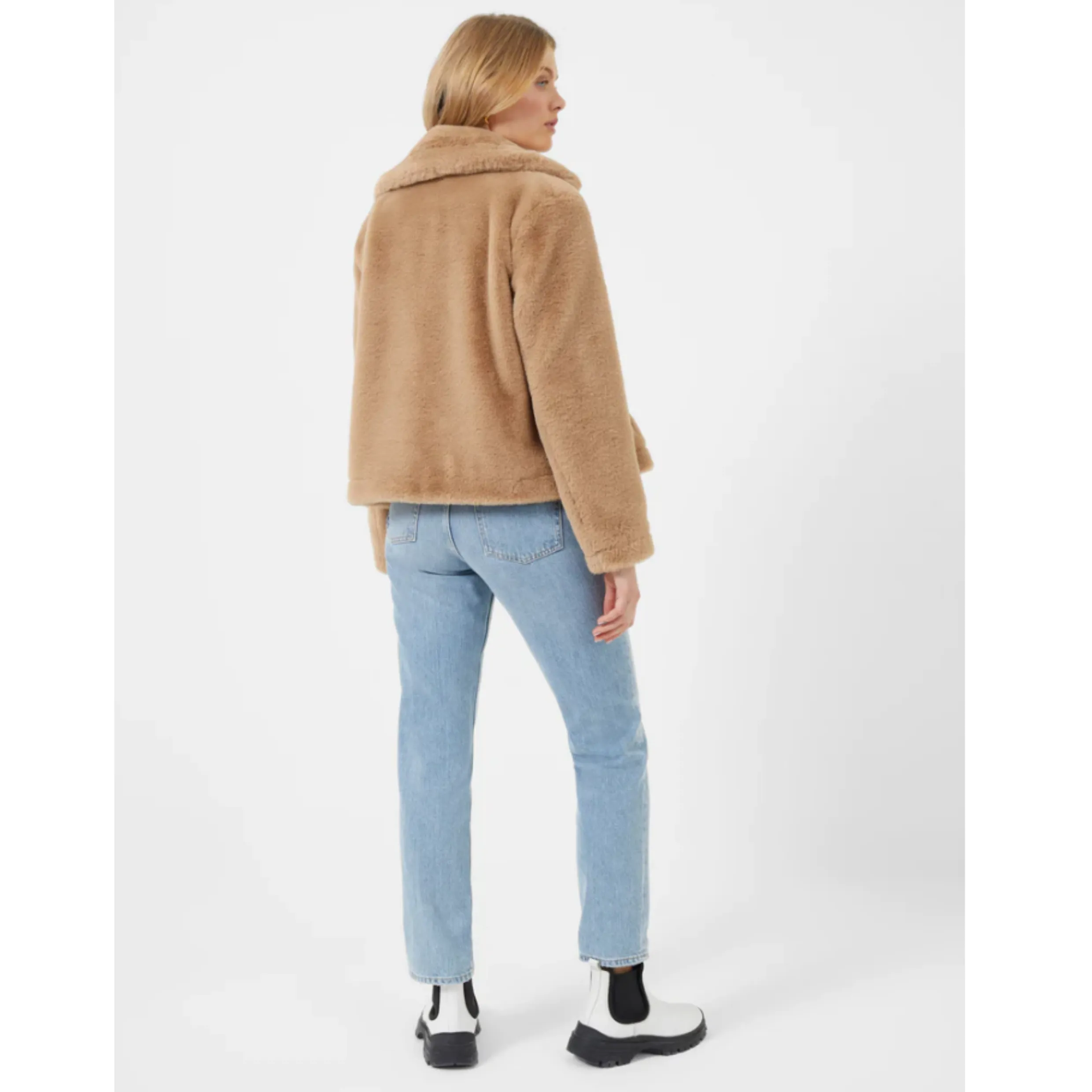 French Connection Buona Recycled Faux Fur Crop Camel Coat 70TAI