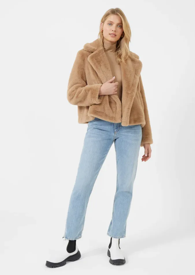 French Connection Buona Recycled Faux Fur Crop Camel Coat 70TAI