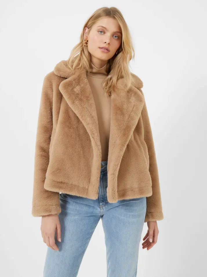 French Connection Buona Recycled Faux Fur Crop Camel Coat 70TAI