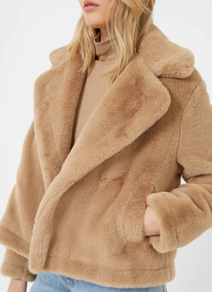 French Connection Buona Recycled Faux Fur Crop Camel Coat 70TAI