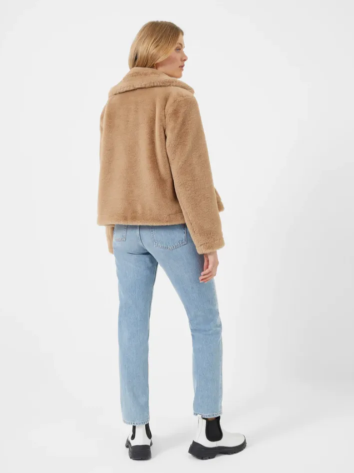 French Connection Buona Recycled Faux Fur Crop Camel Coat 70TAI