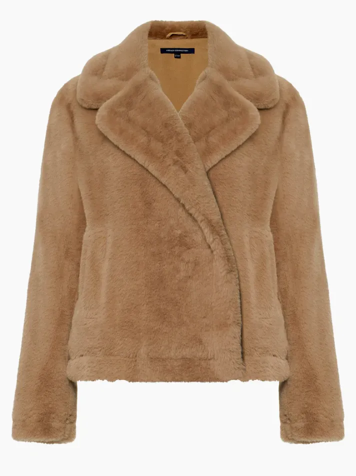 French Connection Buona Recycled Faux Fur Crop Camel Coat 70TAI