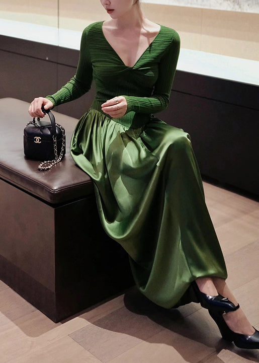 French Green V Neck High Waist Patchwork Knit Dresses Long Sleeve AS1063