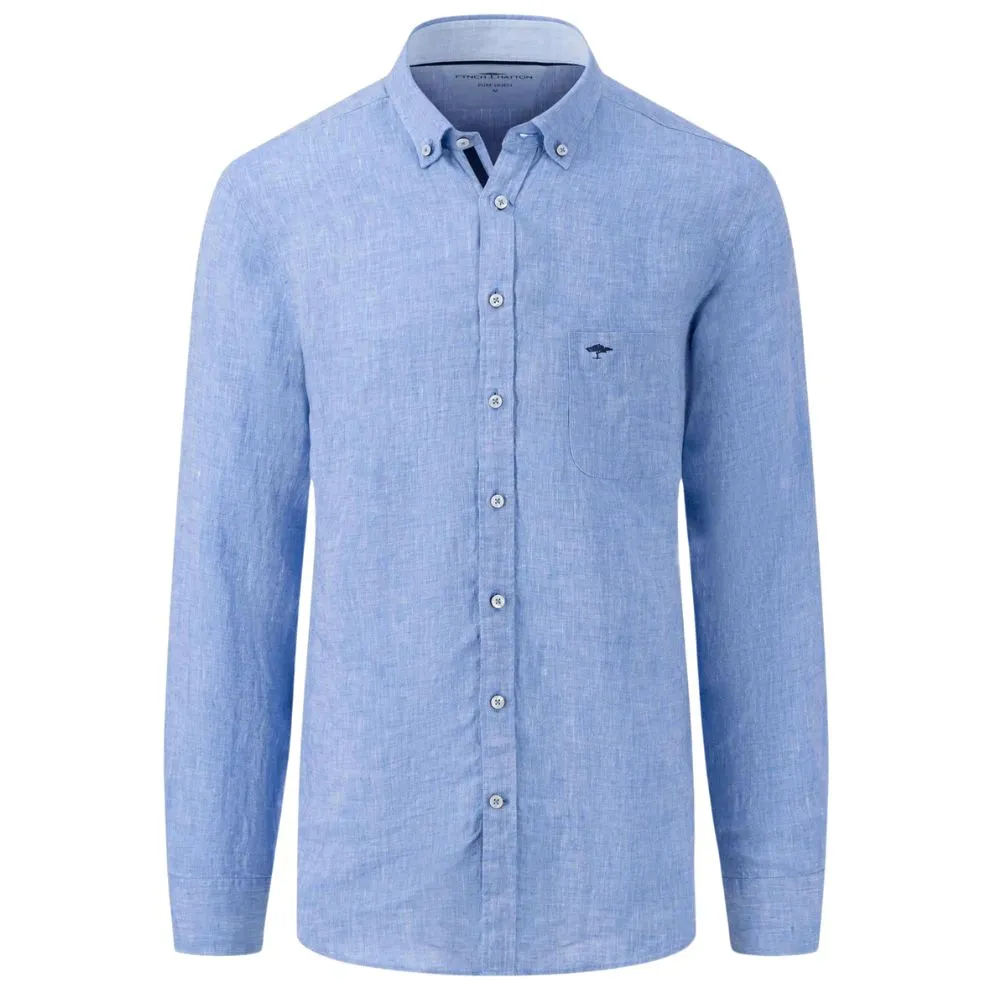 FYNCH HATTON Pure Linen Button Down Blue Shirt | Menswear Online