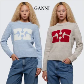 Ganni  |Casual Style Wool U-Neck Long Sleeves Logo