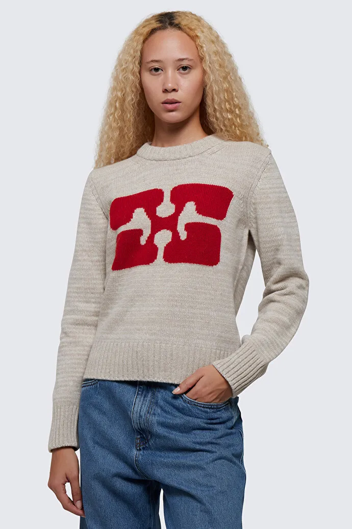 Ganni  |Casual Style Wool U-Neck Long Sleeves Logo